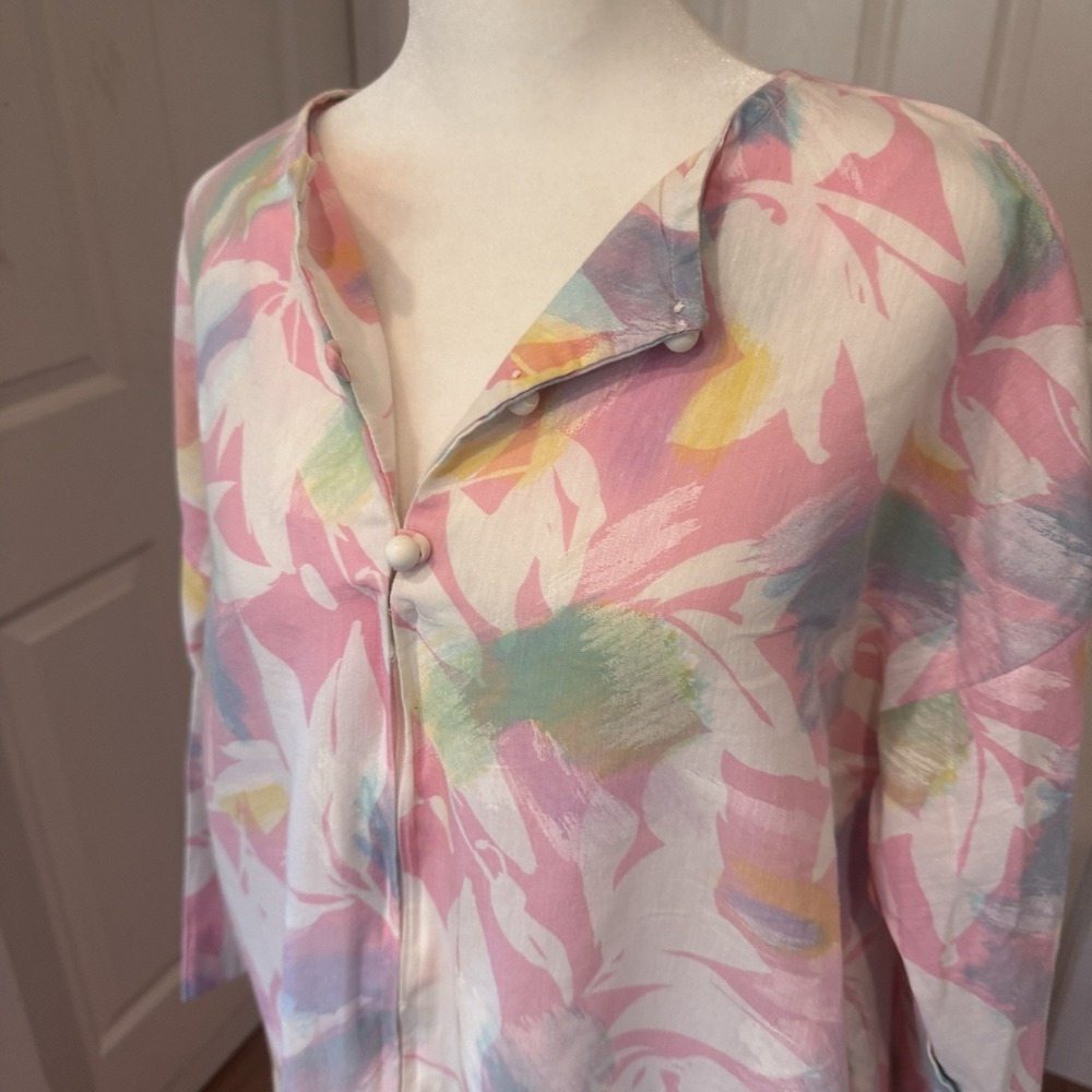 Vintage Twilight Pastel Abstract Floral Maxi Lounger Robe Pink Blue USA Granny - Picture 2 of 10